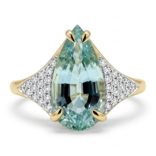 14K 1.92ct Pear Shape Vanadium Beryl 0.16cttw VS White Diamonds Ring