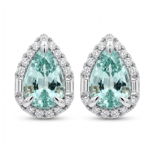 18K 2.15cttw Pear Shape Vanadium Beryl 0.42cttw VS White Diamonds Stud Earrings