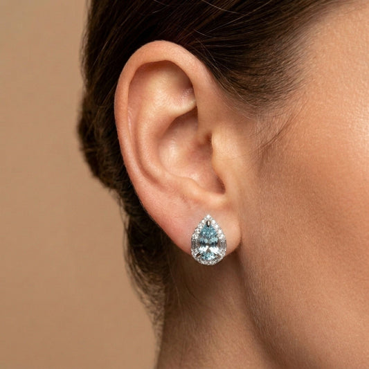 18K 2.15cttw Pear Shape Vanadium Beryl 0.42cttw VS White Diamonds Stud Earrings