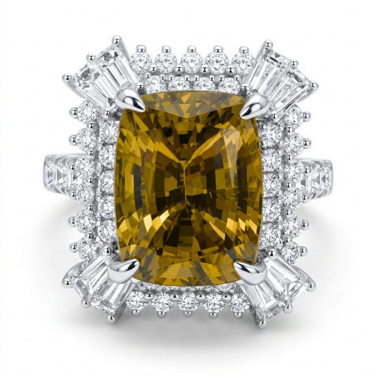 18K 7.21ct Cushion Golden Orange Unheated Tanzanite 1.48cttw White Diamonds Ring