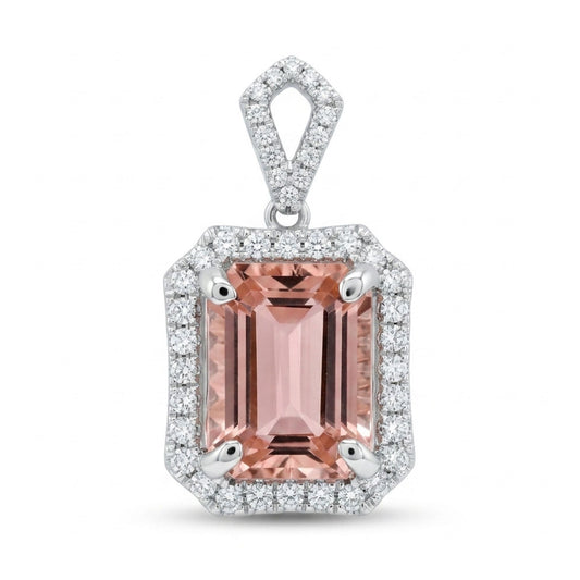 18K 4.16ct Emerald Cut Pink Tourmaline 0.44cttw White Diamonds Pendant