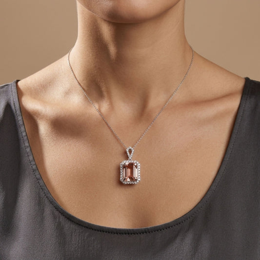 18K 4.16ct Emerald Cut Pink Tourmaline 0.44cttw White Diamonds Pendant