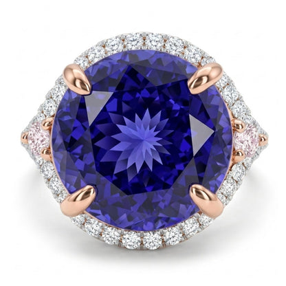 14K 8.44ct Round Blue Wing Tanzanite 0.60cttw Pink & White Diamonds Ring