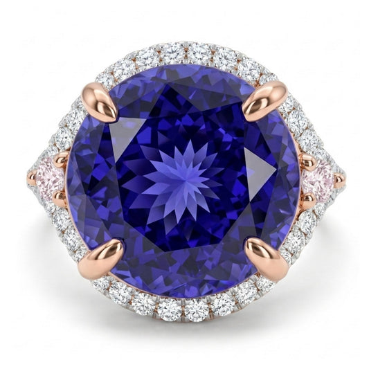 14K 8.44ct Round Blue Wing Tanzanite 0.60cttw Pink & White Diamonds Ring