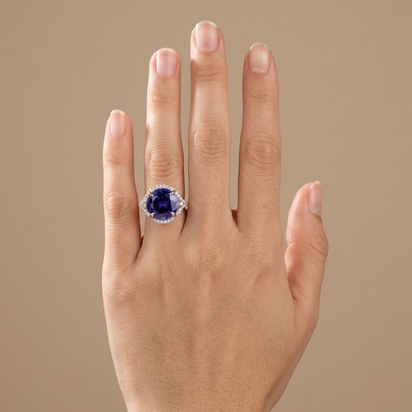 14K 8.44ct Round Blue Wing Tanzanite 0.60cttw Pink & White Diamonds Ring