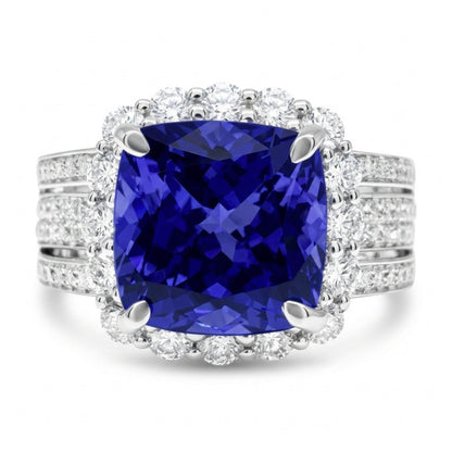 14K 3.04ct Cushion Blue Wing Tanzanite 1.06cttw VS White Diamonds Ring