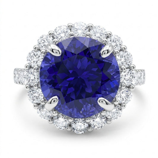 14K 6.19ct Round Blue Wing Tanzanite 1.36cttw VS White Diamonds Ring