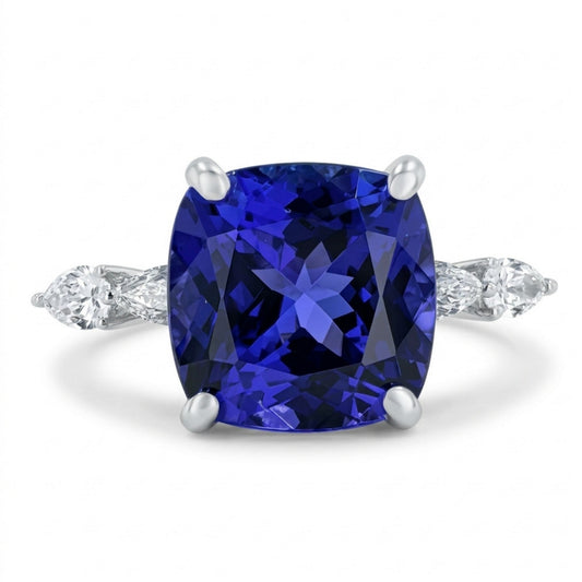 14K 7.02ct Cushion Blue Wing Tanzanite 0.47cttw VS White Diamonds Ring