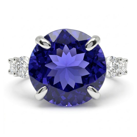14K 7.01ct Round Blue Wing Tanzanite 1.00cttw White Diamonds Ring