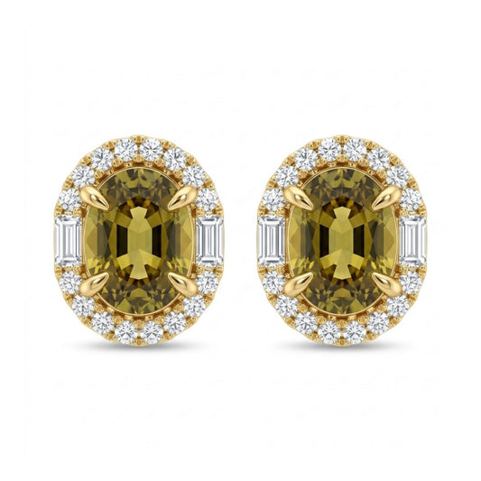 18K 2.90cttw Oval Golden Unheated Tanzanite 0.58cttw White Diamonds Stud Earrings