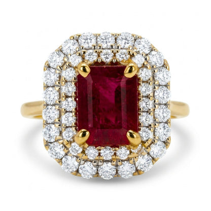 14K 0.78ct Emerald Cut Red Beryl 0.51cttw VS White Diamonds Ring