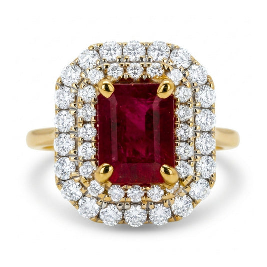 14K 0.78ct Emerald Cut Red Beryl 0.51cttw VS White Diamonds Ring