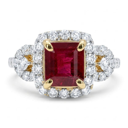 14K 0.82ct Emerald Cut Red Beryl 0.66cttw VS White Diamonds Ring