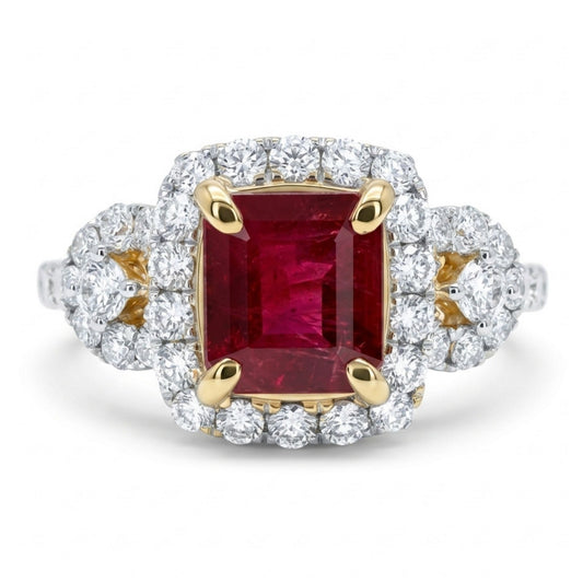 14K 0.82ct Emerald Cut Red Beryl 0.66cttw VS White Diamonds Ring