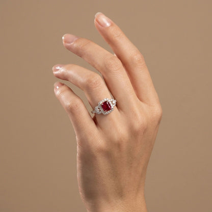14K 0.82ct Emerald Cut Red Beryl 0.66cttw VS White Diamonds Ring