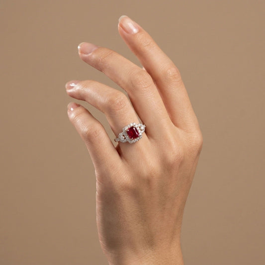 14K 0.82ct Emerald Cut Red Beryl 0.66cttw VS White Diamonds Ring