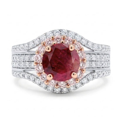14K 0.79ct Round Red Beryl 0.97cttw Pink & White Diamonds Ring