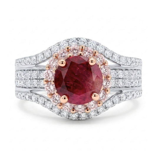 14K 0.79ct Round Red Beryl 0.97cttw Pink & White Diamonds Ring
