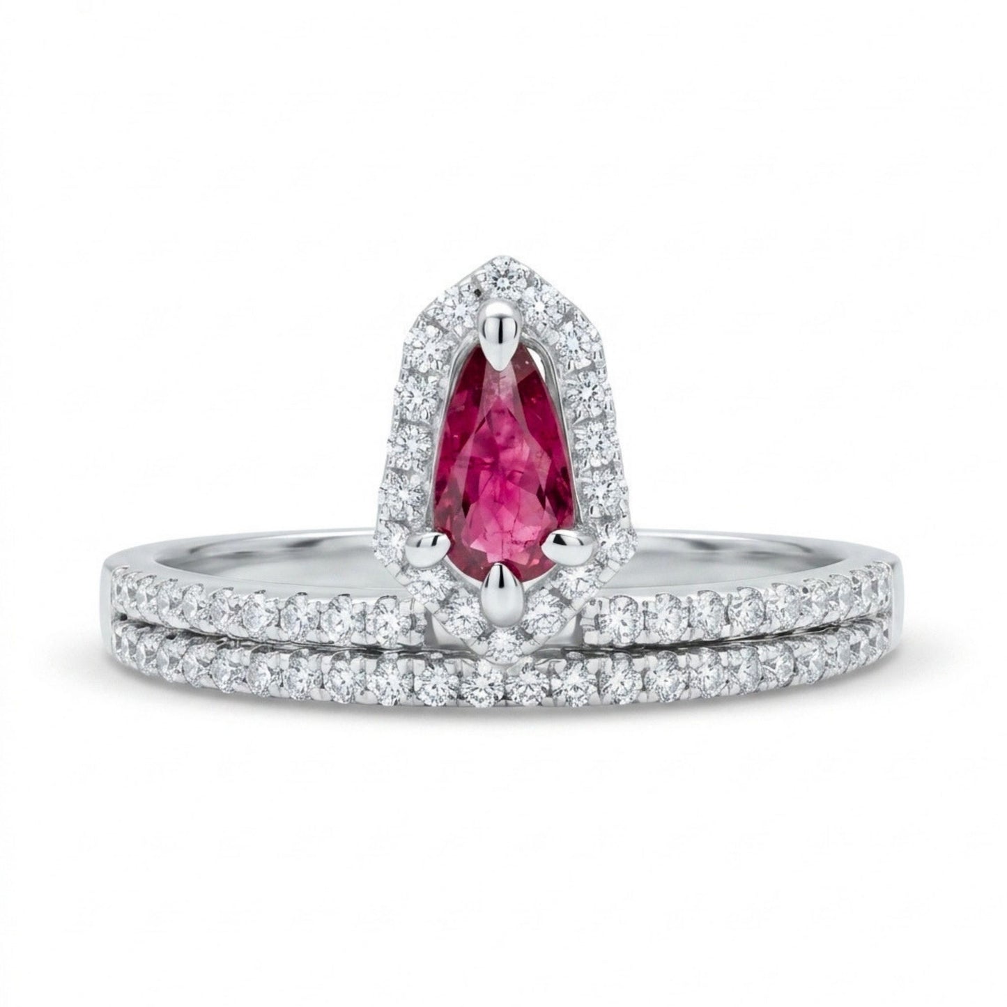 14K 0.14ct Pear Shape Red Beryl 0.30cttw VS White Diamonds Ring