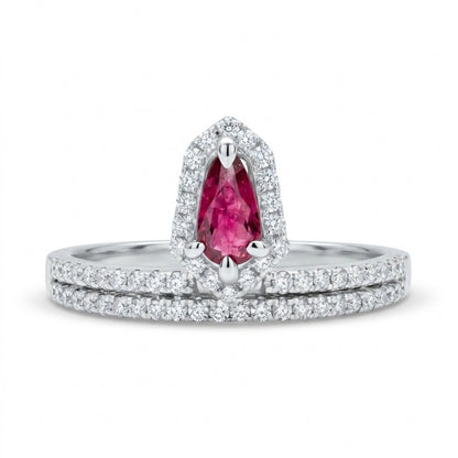14K 0.14ct Pear Shape Red Beryl 0.30cttw VS White Diamonds Ring