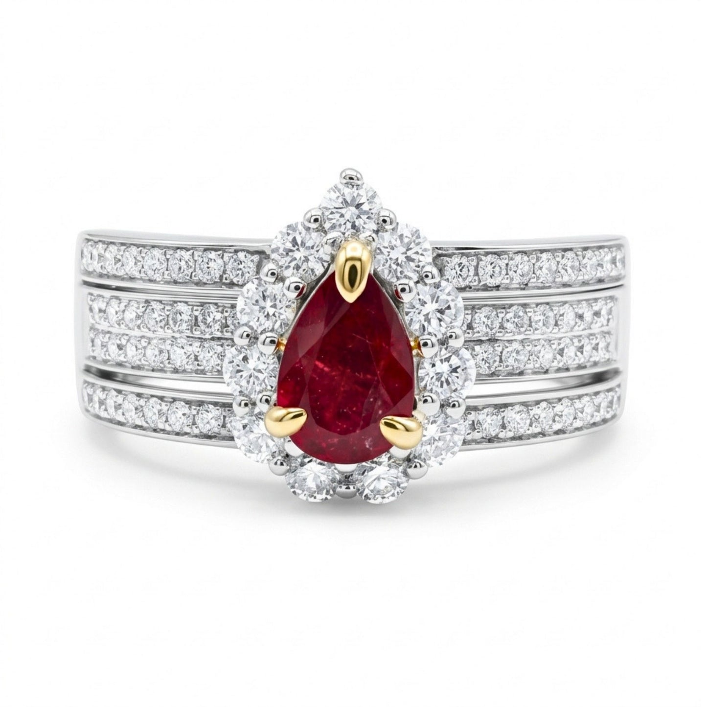 14K 0.45ct Pear Shape Red Beryl 0.85cttw VS White Diamonds Ring