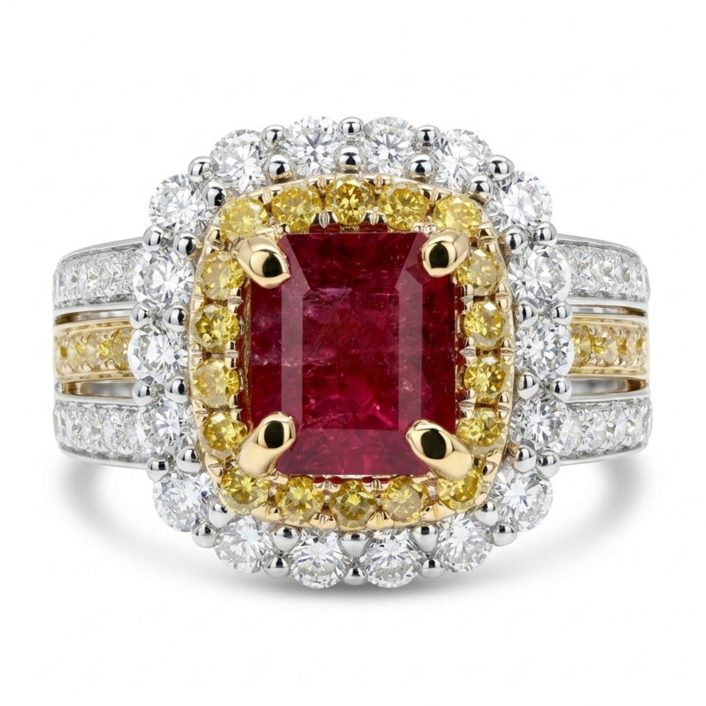 14K 0.92ct Emerald Cut Red Beryl 1.42cttw Yellow & White Diamonds Ring