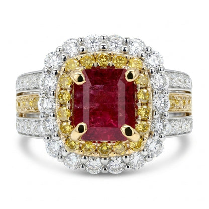 14K 0.92ct Emerald Cut Red Beryl 1.42cttw Yellow & White Diamonds Ring