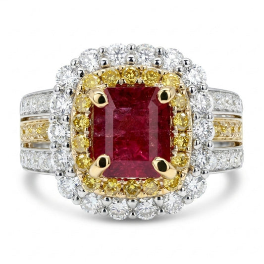 14K 0.92ct Emerald Cut Red Beryl 1.42cttw Yellow & White Diamonds Ring