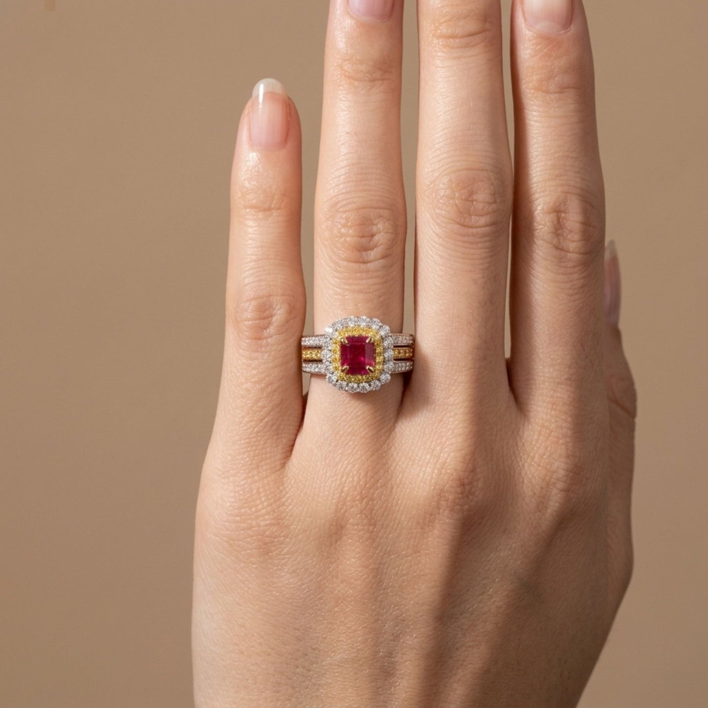 14K 0.92ct Emerald Cut Red Beryl 1.42cttw Yellow & White Diamonds Ring