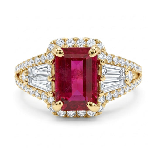18K 0.79ct Emerald Cut Red Beryl 0.69cttw VS White Diamonds Ring