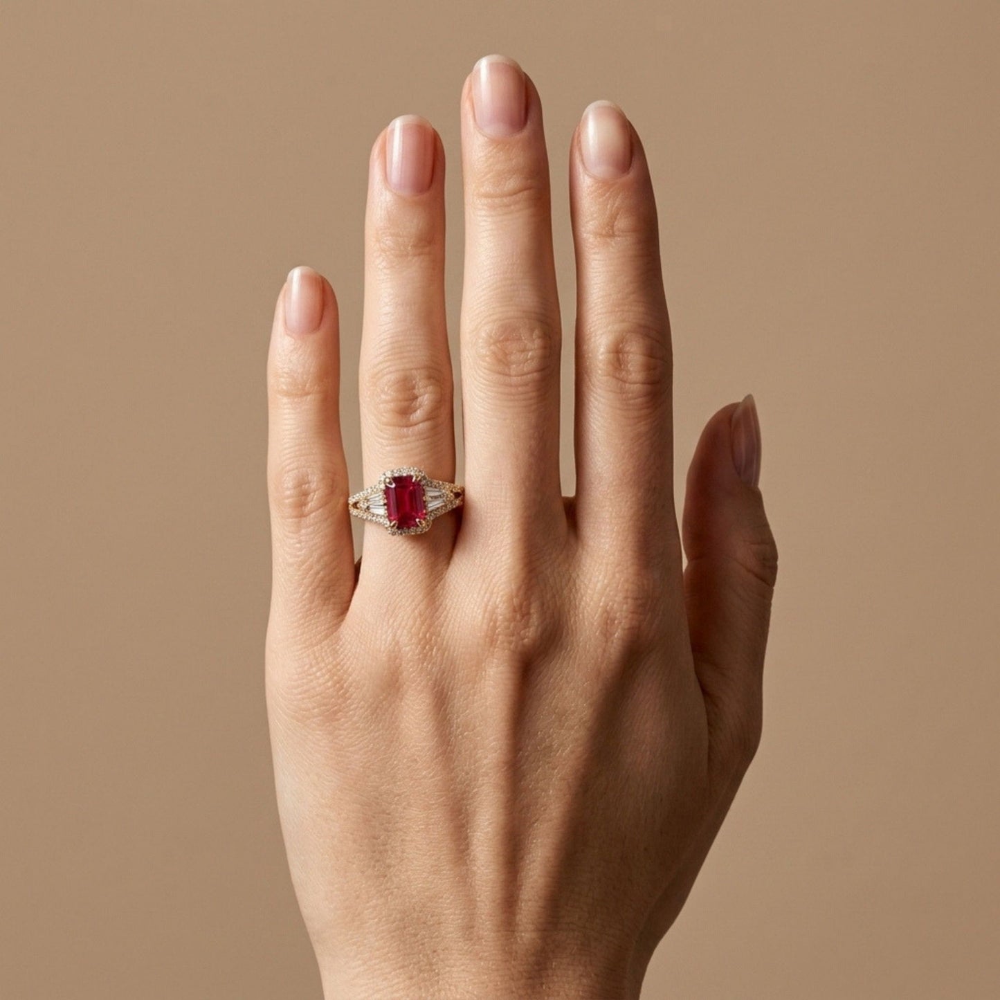 18K 0.79ct Emerald Cut Red Beryl 0.69cttw VS White Diamonds Ring