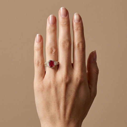 18K 0.79ct Emerald Cut Red Beryl 0.69cttw VS White Diamonds Ring