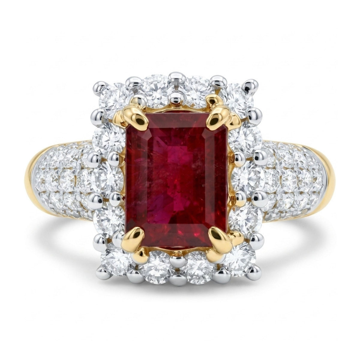 14K gold emerald cut red beryl ring with VS white diamonds