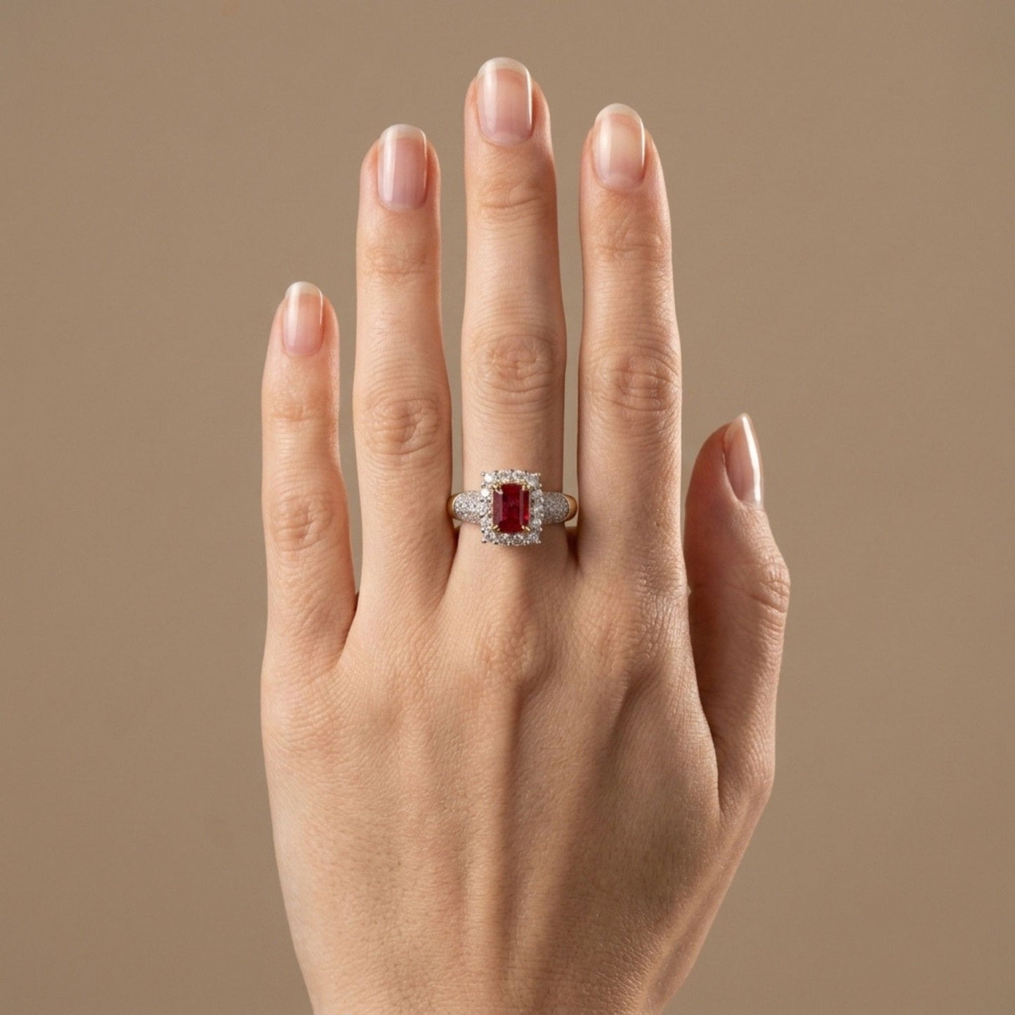 14K 0.82ct Emerald Cut Red Beryl 0.81cttw VS White Diamonds Ring