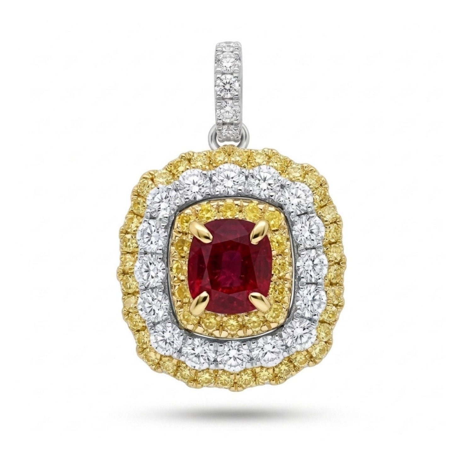 14K 0.46ct Cushion Red Beryl 1.28cttw Yellow & White Diamonds Pendant