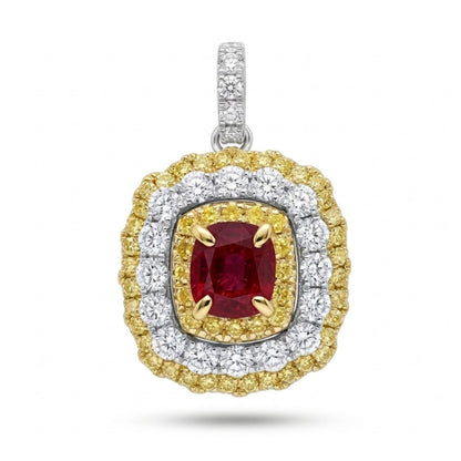 14K 0.46ct Cushion Red Beryl 1.28cttw Yellow & White Diamonds Pendant