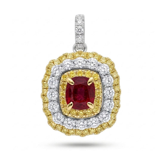 14K 0.46ct Cushion Red Beryl 1.28cttw Yellow & White Diamonds Pendant