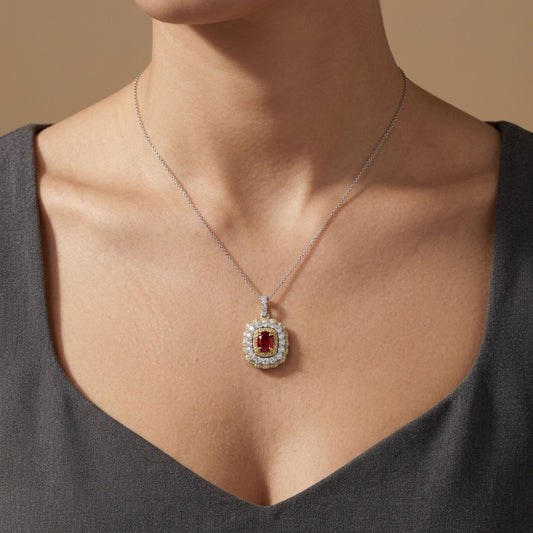 14K 0.46ct Cushion Red Beryl 1.28cttw Yellow & White Diamonds Pendant
