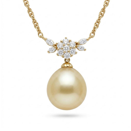 18K 12mm South Sea Golden Pearl 0.60cttw White Diamonds Necklace