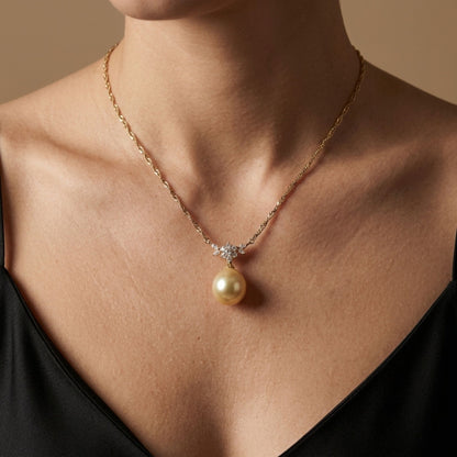 18K 12mm South Sea Golden Pearl 0.60cttw White Diamonds Necklace
