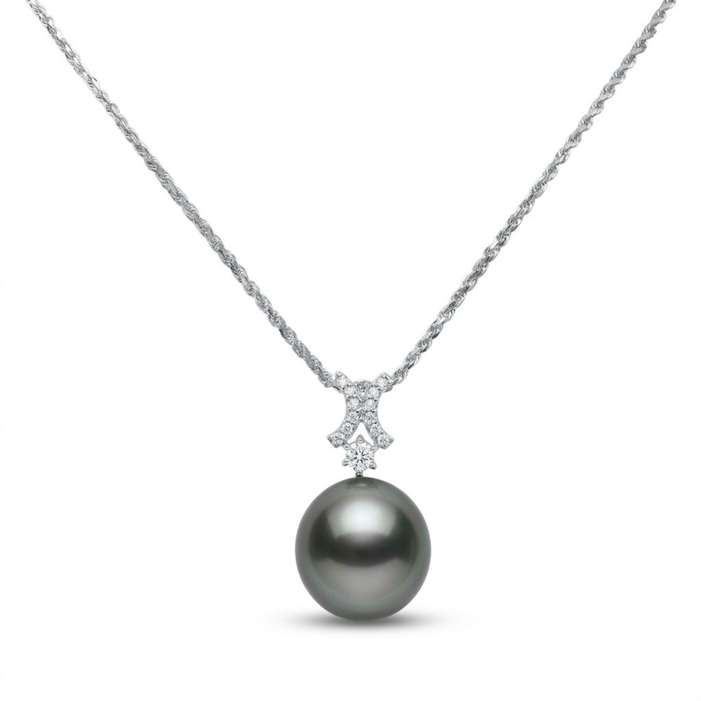 18K 14.3mm Tahitian Black Pearl 0.18cttw White Diamonds Necklace
