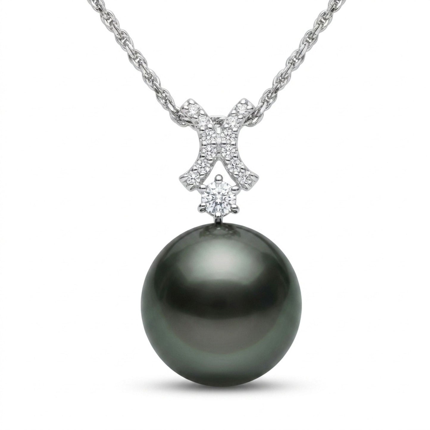 18K 14.3mm Tahitian Black Pearl 0.18cttw White Diamonds Necklace