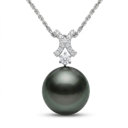 18K 14.3mm Tahitian Black Pearl 0.18cttw White Diamonds Necklace