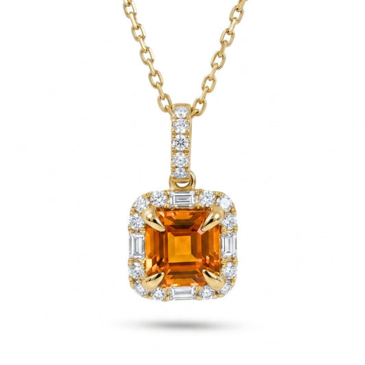 18K 1.15ct Asscher Cut Mandarin Garnet 0.23cttw White Diamonds Necklace