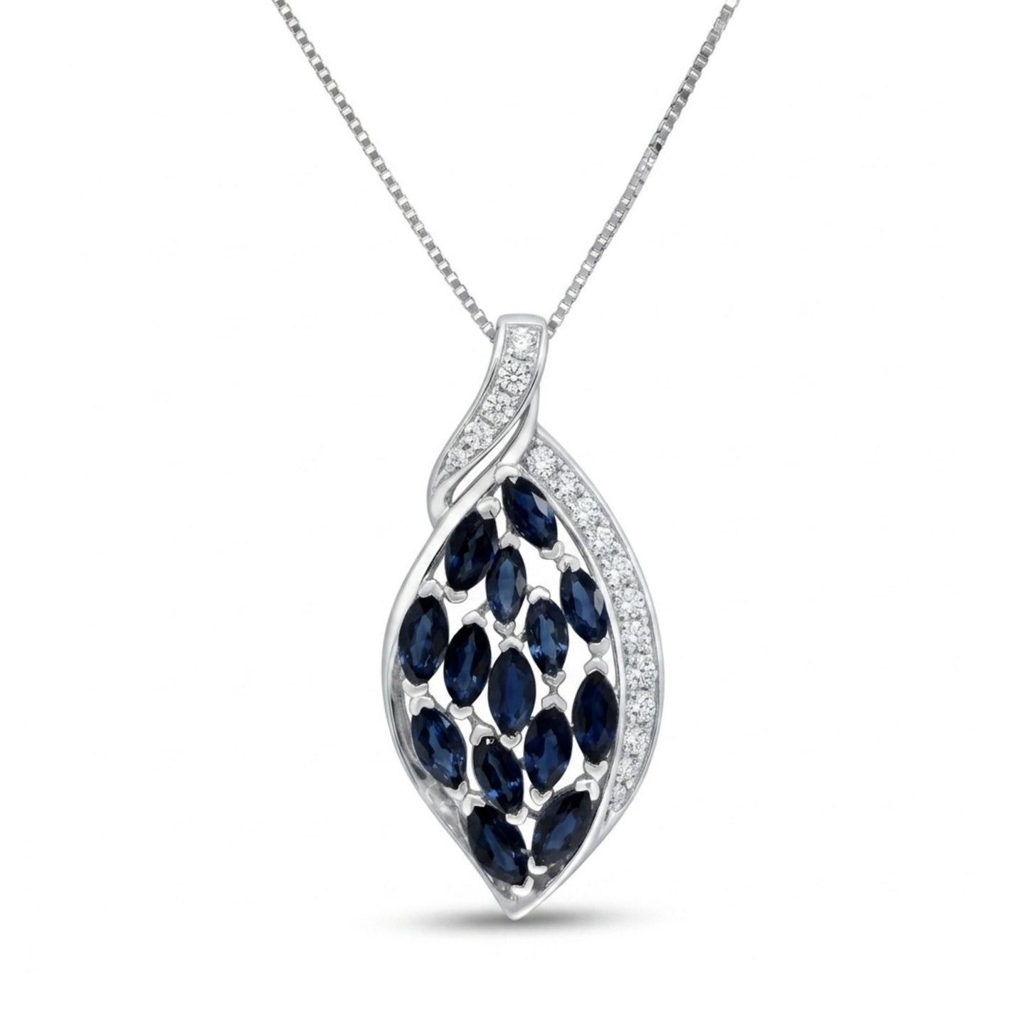 Platinum 2.19cttw Marquise Blue Sapphire 0.26cttw White Diamonds Necklace
