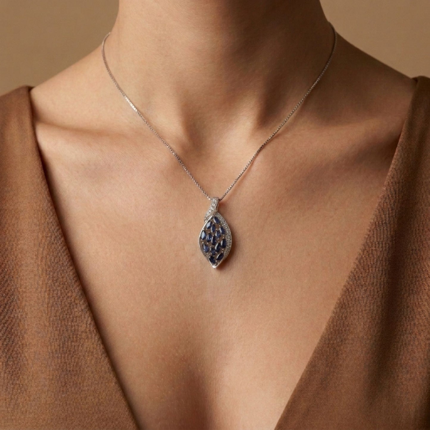 Platinum 2.19cttw Marquise Blue Sapphire 0.26cttw White Diamonds Necklace