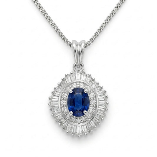 Platinum 1.39ct Oval Blue Sapphire 1.45cttw White Diamonds Necklace