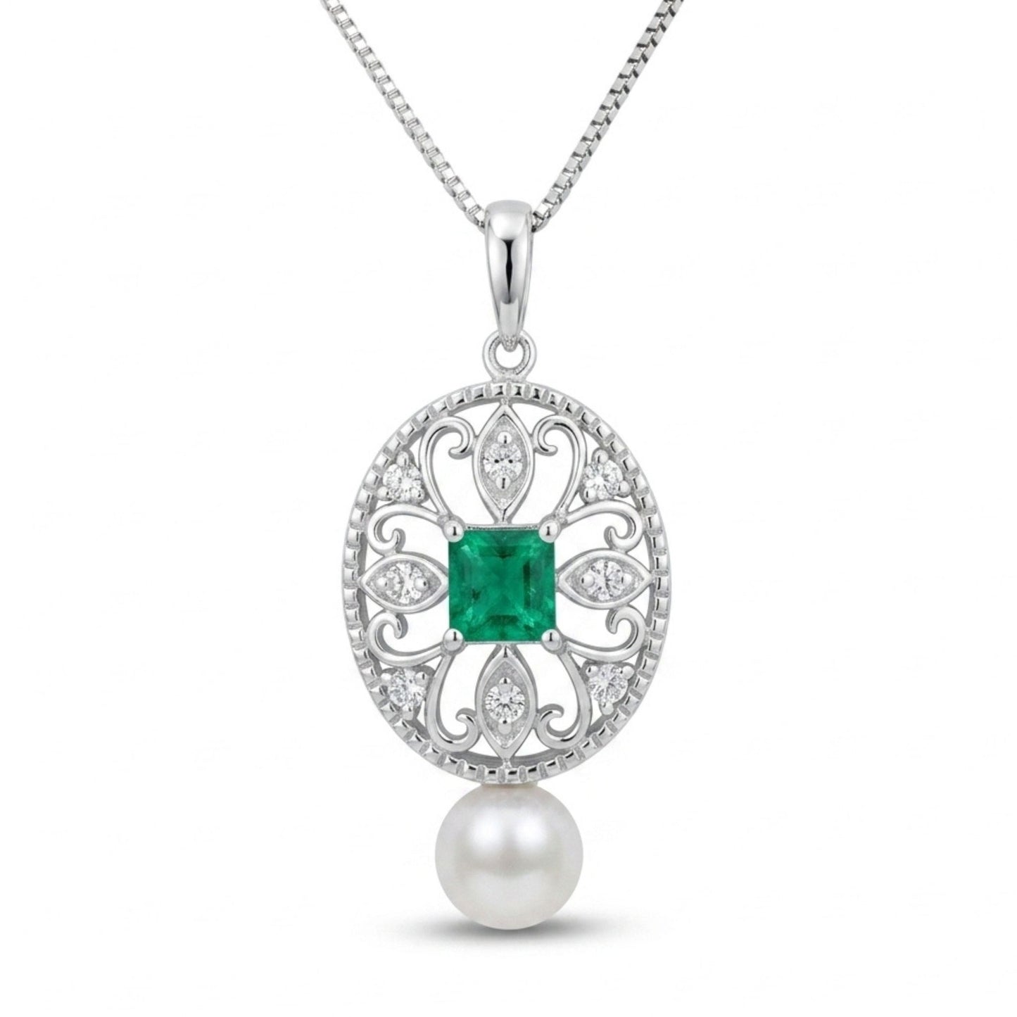 18K 0.34ct Emerald Cut Colombian Emerald 6.1mm Freshwater White Pearl 0.10cttw White Diamonds Necklace