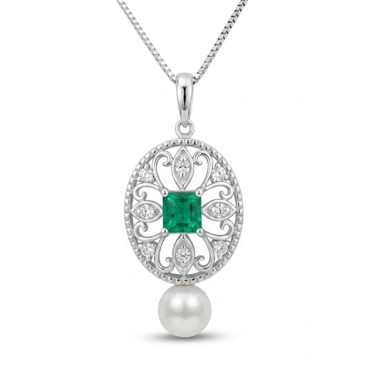 18K 0.34ct Emerald Cut Colombian Emerald 6.1mm Freshwater White Pearl 0.10cttw White Diamonds Necklace