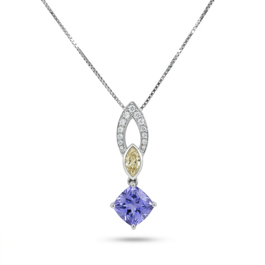 18K 1.33ct Cushion Tanzanite 0.30cttw Yellow & White Diamond Necklace